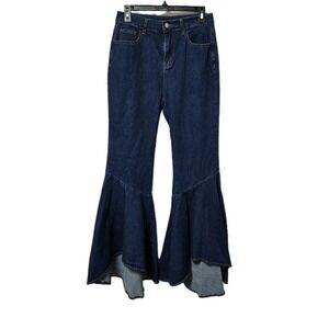 SHEIN Jeans Womens 30 Blue MOD Mermaid Ruffle Hem Flare High Rise Dark Wash NWT